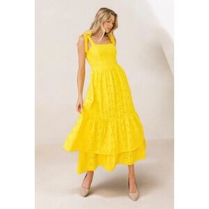 Aura Lemon Yellow Lace Eyelet Sundress Tie Shoulder Maxi Summer Dress Size XS